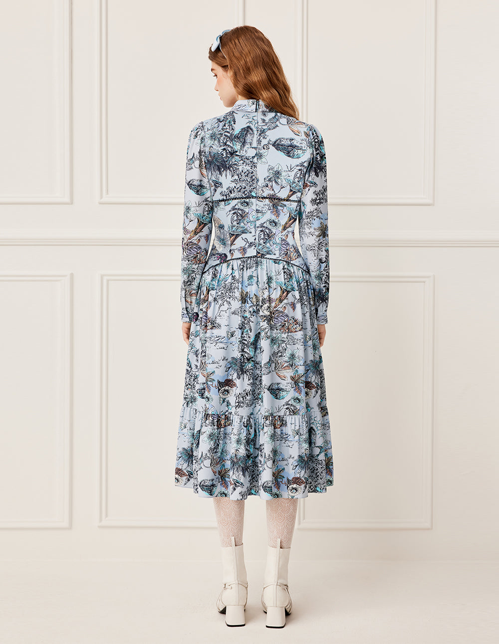 BORA AKSU Collared Hand-Painted Floral Print High-Waist Maxi Shirt Dress