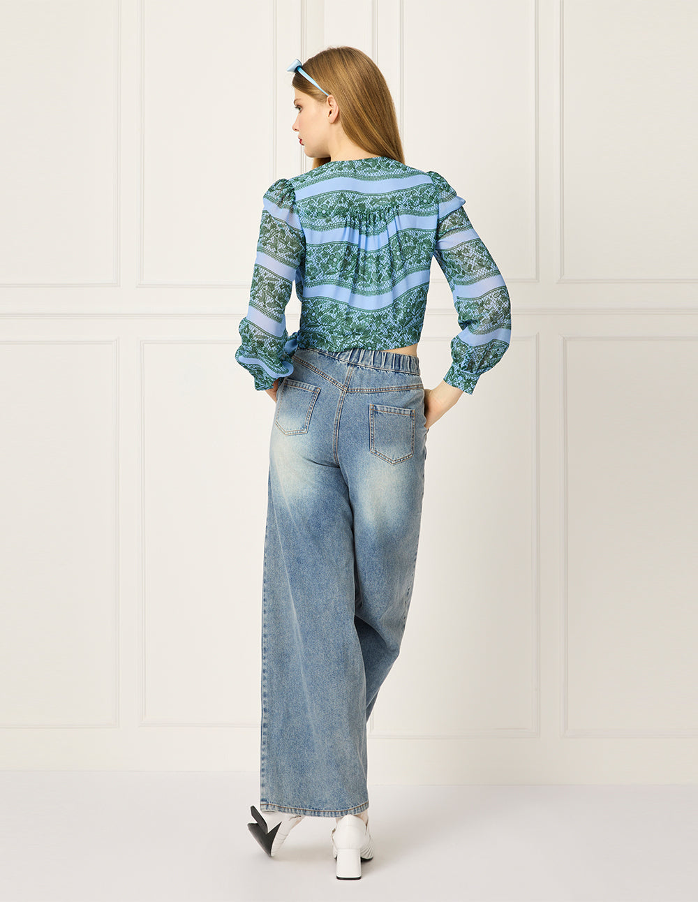 BORA AKSU V-Neck Puff Long-Sleeve Floral & Striped Printed Wrap Top