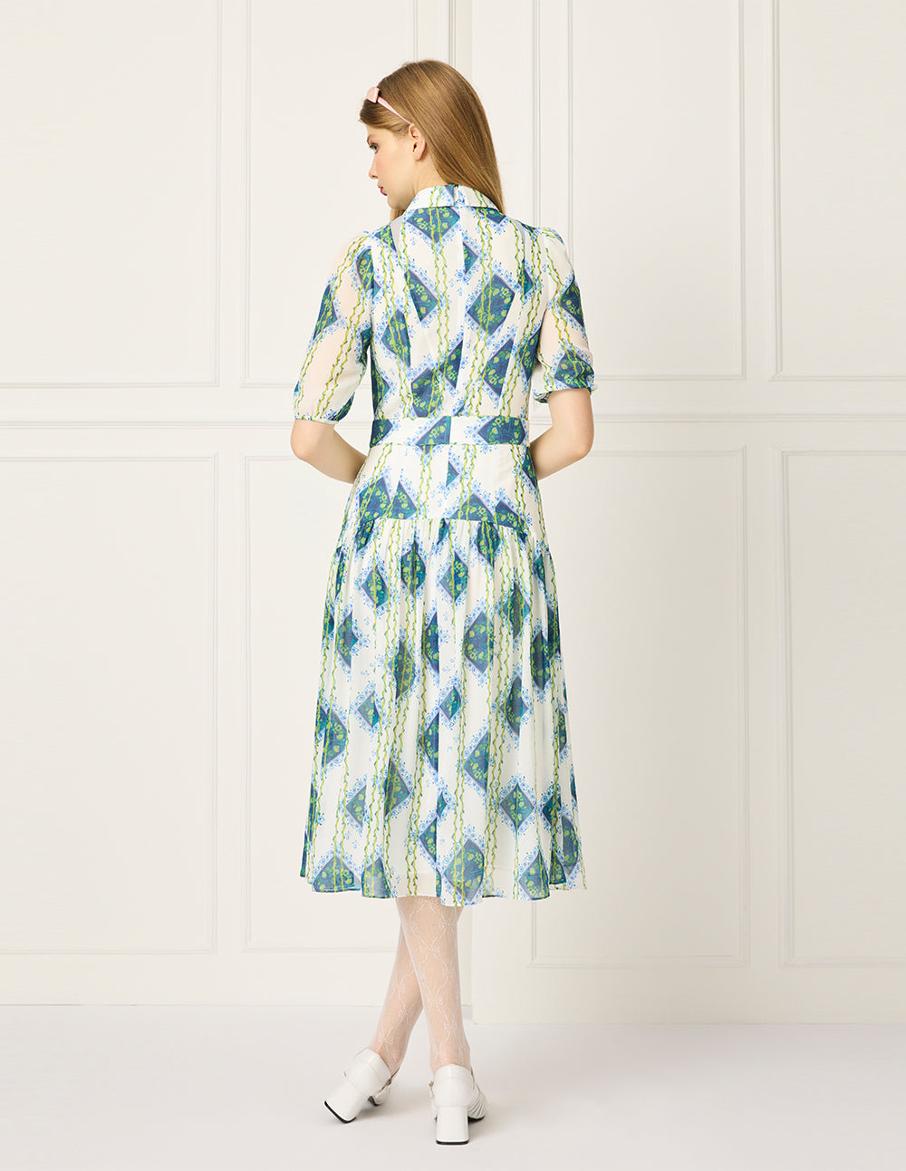 BORA AKSU Lapel Puff Short Sleeve Empire-Waist Geometric Print Pleated Midi Dress