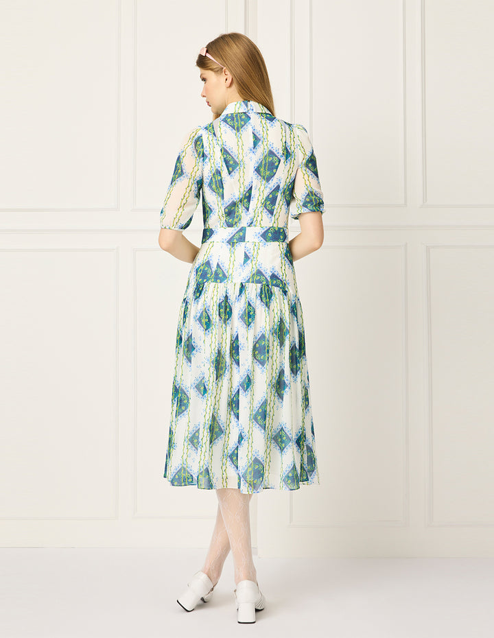 BORA AKSU Lapel Puff Short Sleeve Empire-Waist Geometric Print Pleated Midi Dress