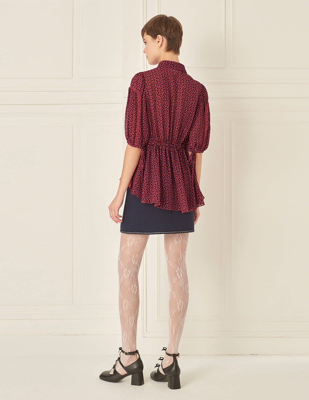 BORA AKSU French Puff Sleeves Smocked Waist Floral Blouse