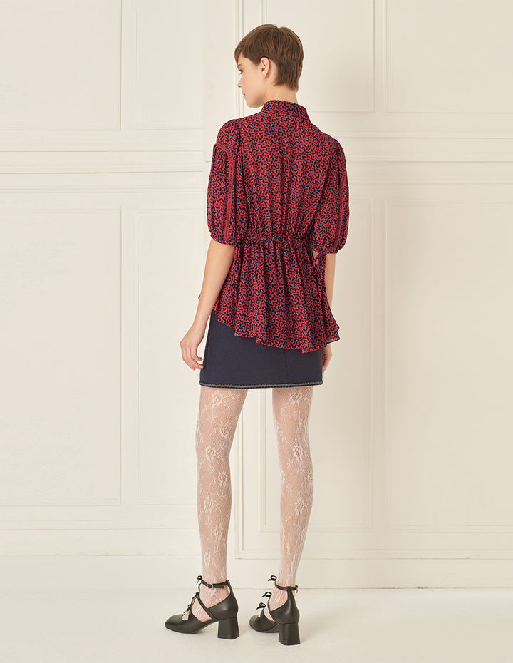 BORA AKSU French Puff Sleeves Smocked Waist Floral Blouse