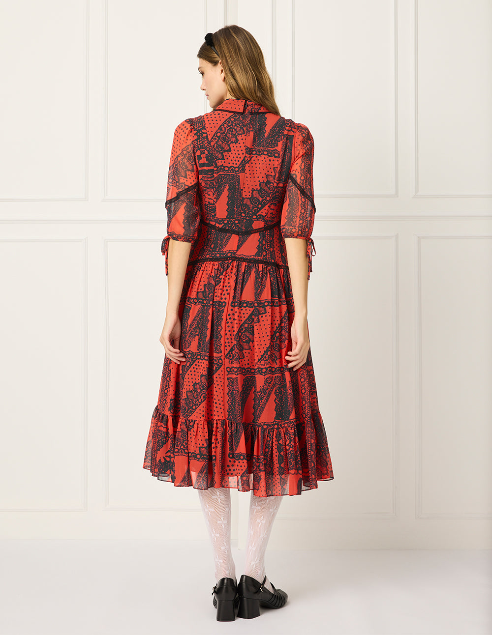 BORA AKSU Peter Pan Collar Bubble 1/2 Sleeve Print Pleated Midi Dress