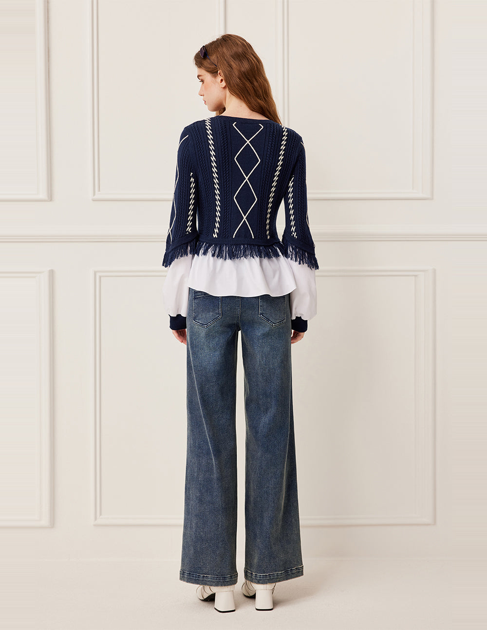 BORA AKSU Round Neck Diamond Pattern Knit Top with Shirt Front & Fringe Trim