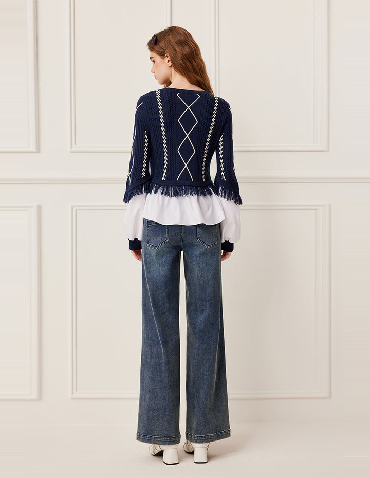 BORA AKSU Round Neck Diamond Pattern Knit Top with Shirt Front & Fringe Trim