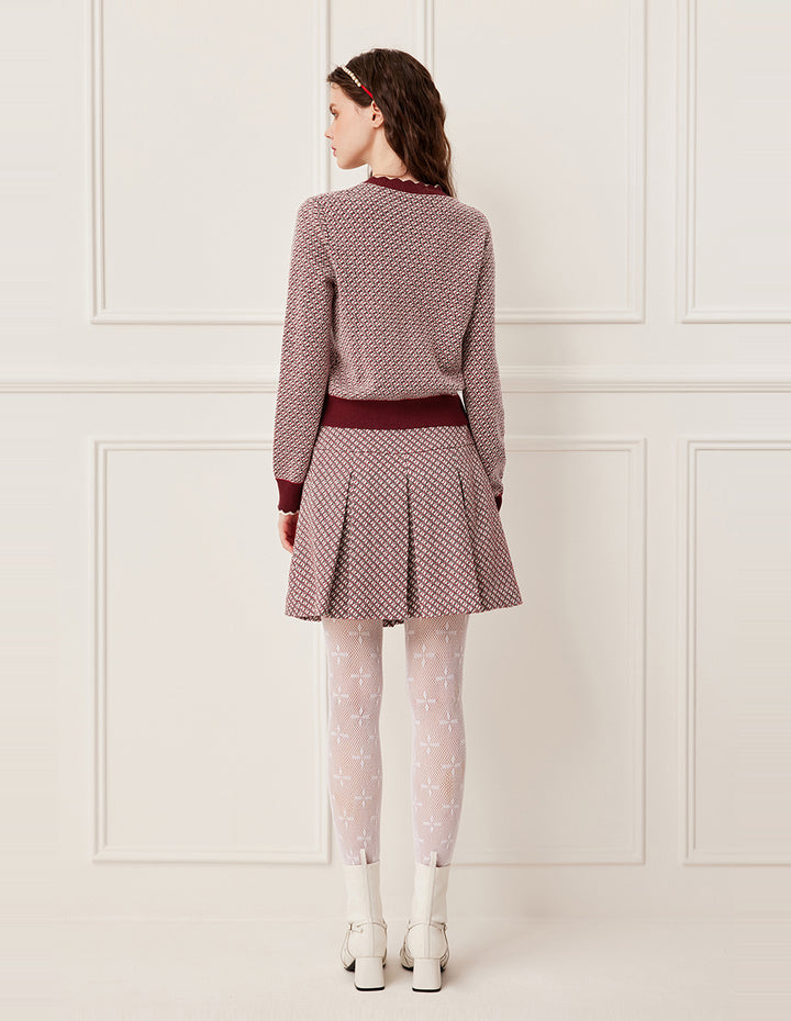 BORA AKSU Round Neck Ruffled-Trim Geometric Print Full Wool Knit Cardigan