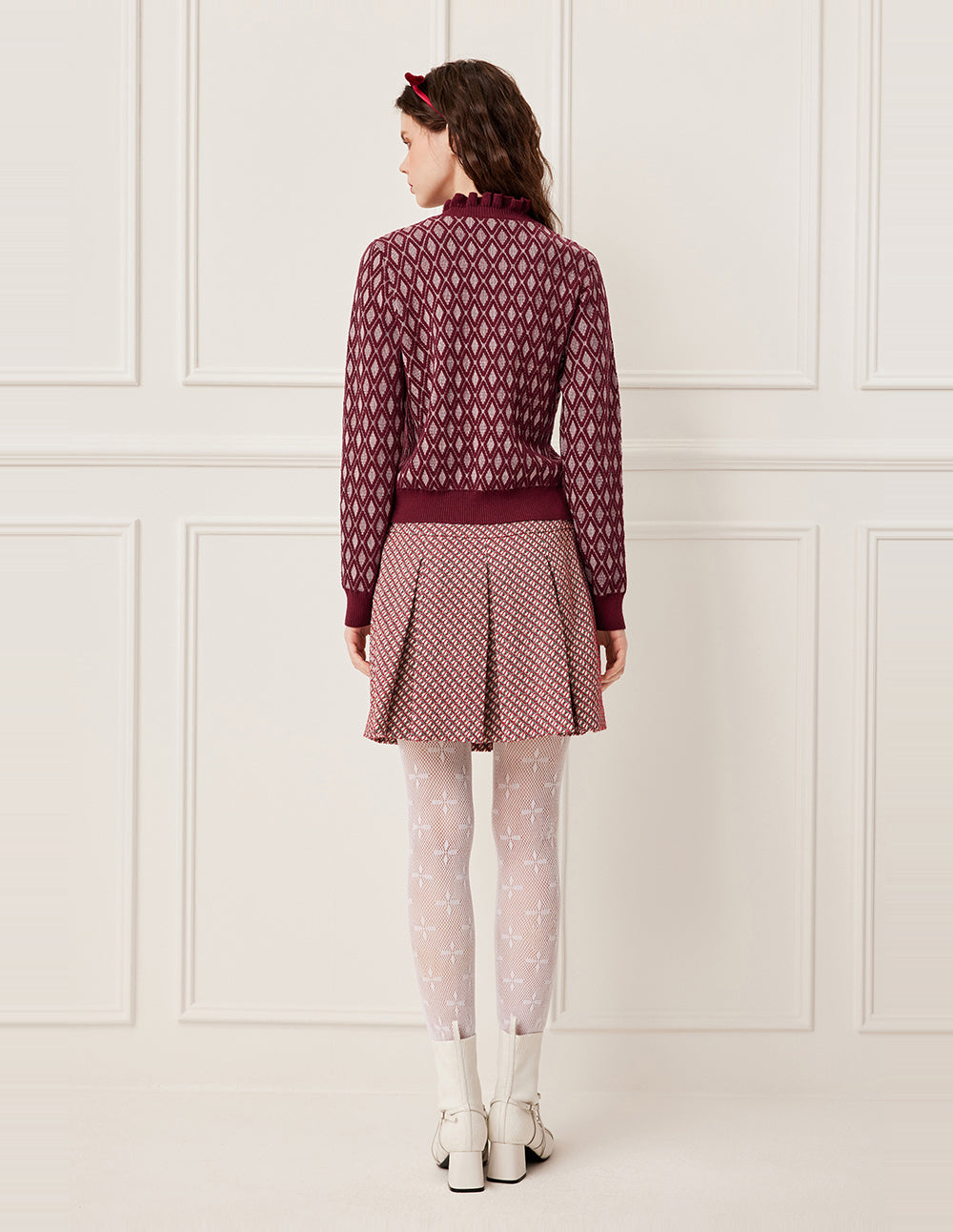 BORA AKSU Ruffled Turtleneck Diamond Pattern Wool Knit Cardigan