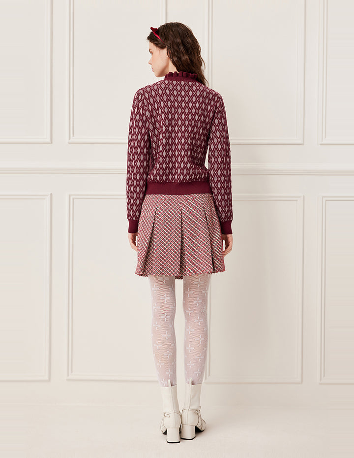 BORA AKSU Ruffled Turtleneck Diamond Pattern Wool Knit Cardigan