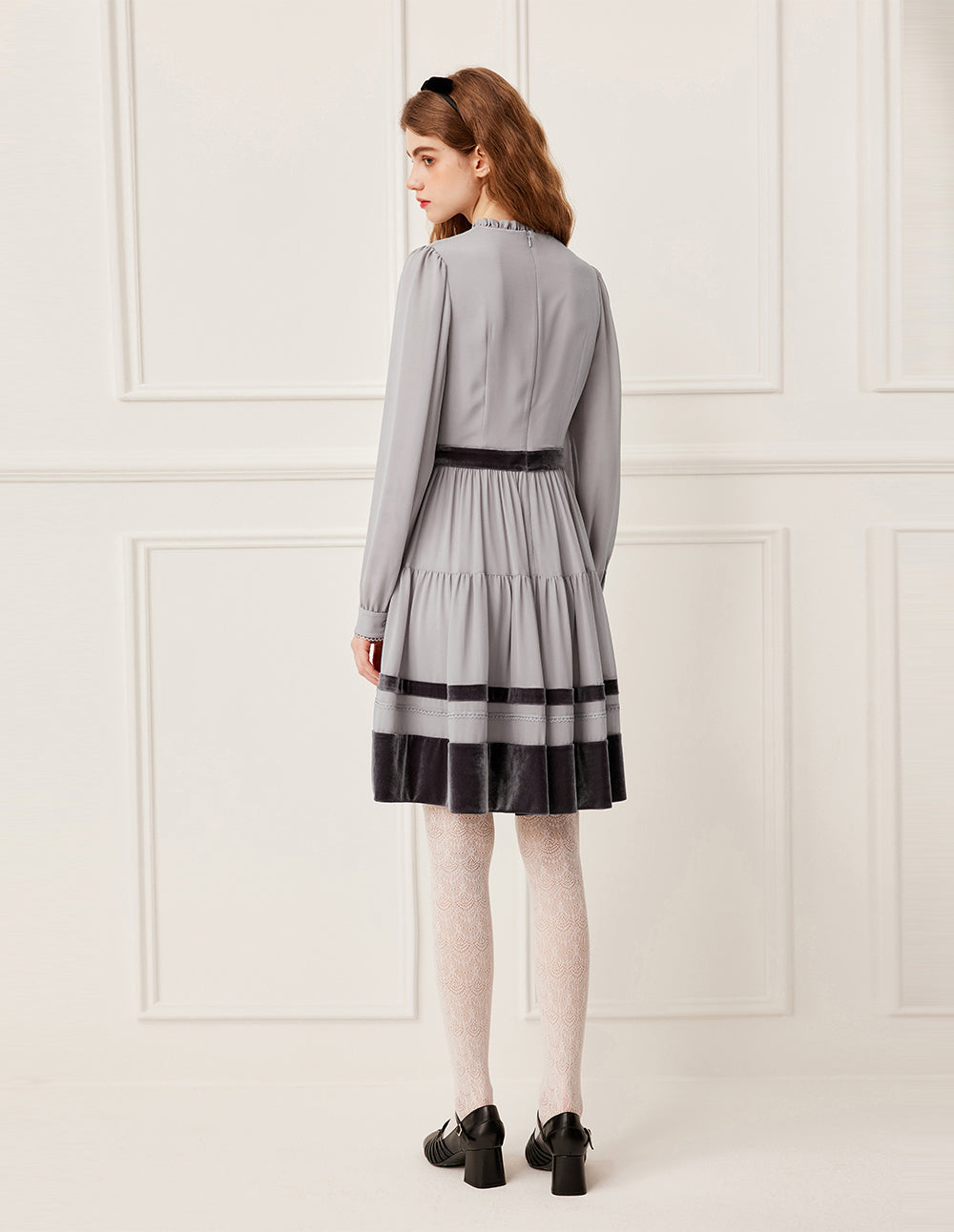 BORA AKSU Ruffled Round Neck Long Sleeve Pin-Tuck Velvet Trimmed Midi Dress