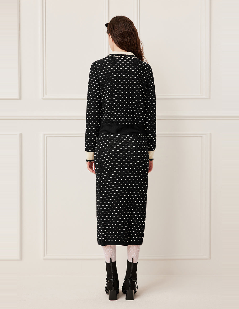 BORA AKSU High-Waist Straight-Cut White Polka Dot Wool Knit Skirt