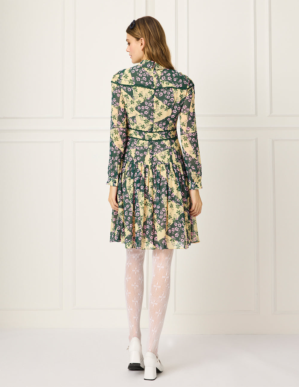 BORA AKSU Shirt-Collared Bubble Sleeve Floral Printed Pleated Midi Dress
