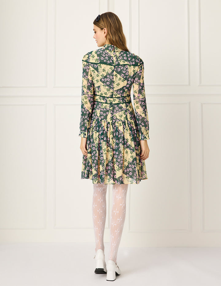 BORA AKSU Shirt-Collared Bubble Sleeve Floral Printed Pleated Midi Dress