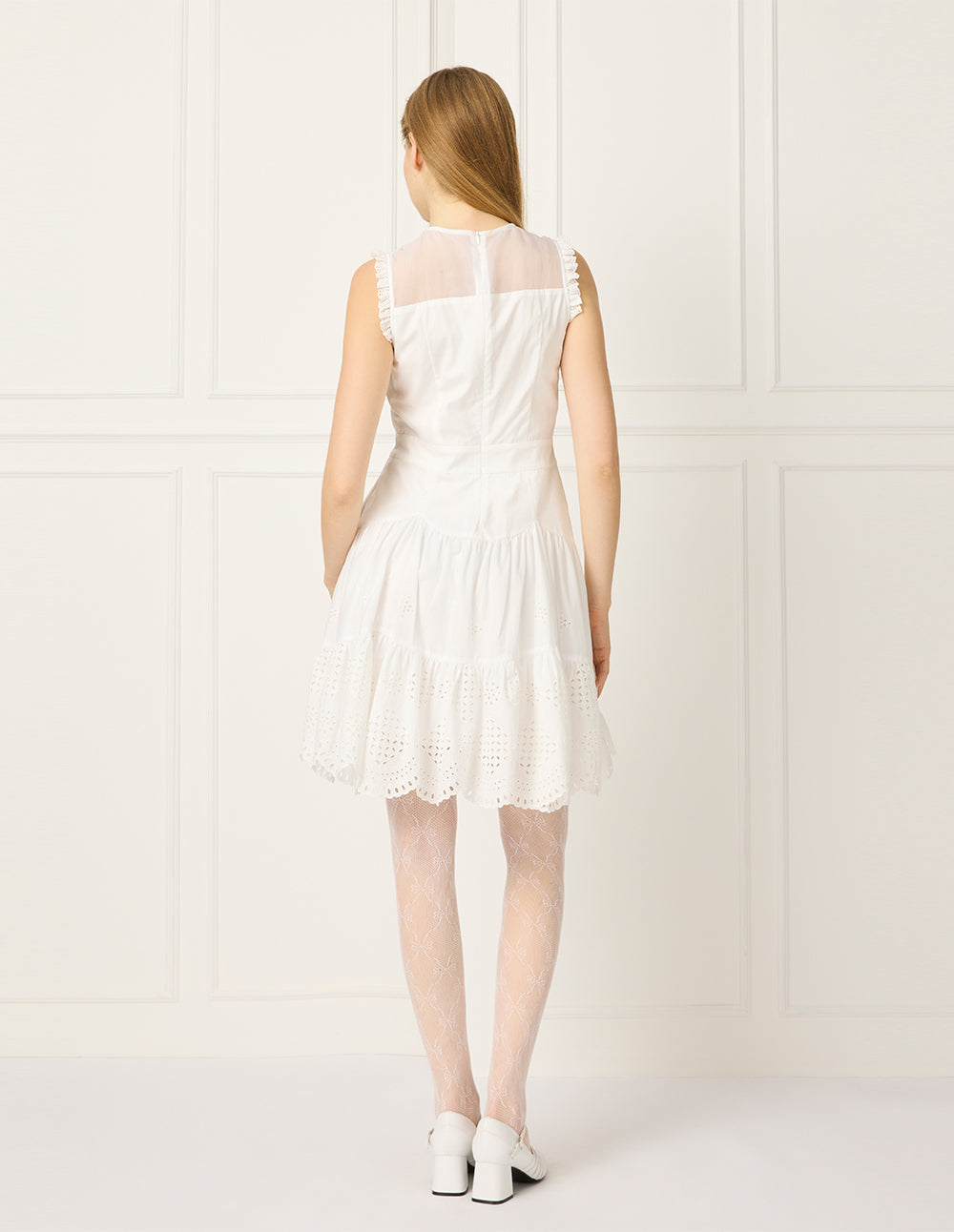 BORA AKSU Round Neck Sleeveless Sheer Pin Tuck Ruffle-Trim A-Line Apron Dress