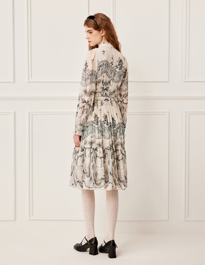 BORA AKSU Stand Collar Ruffled-Trimmed Long Sleeve Ink-Print Belted Pleated Midi Dress