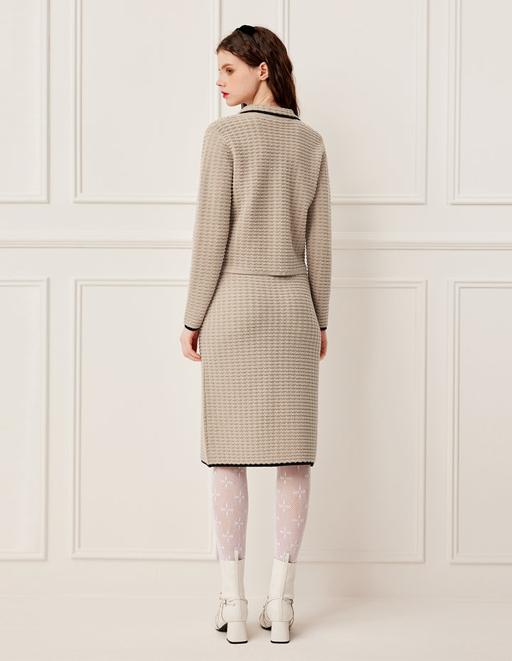 BORA AKSU Notched Collar Camel Black Trim Short 100% Wool Jacquard Knit Cardigan