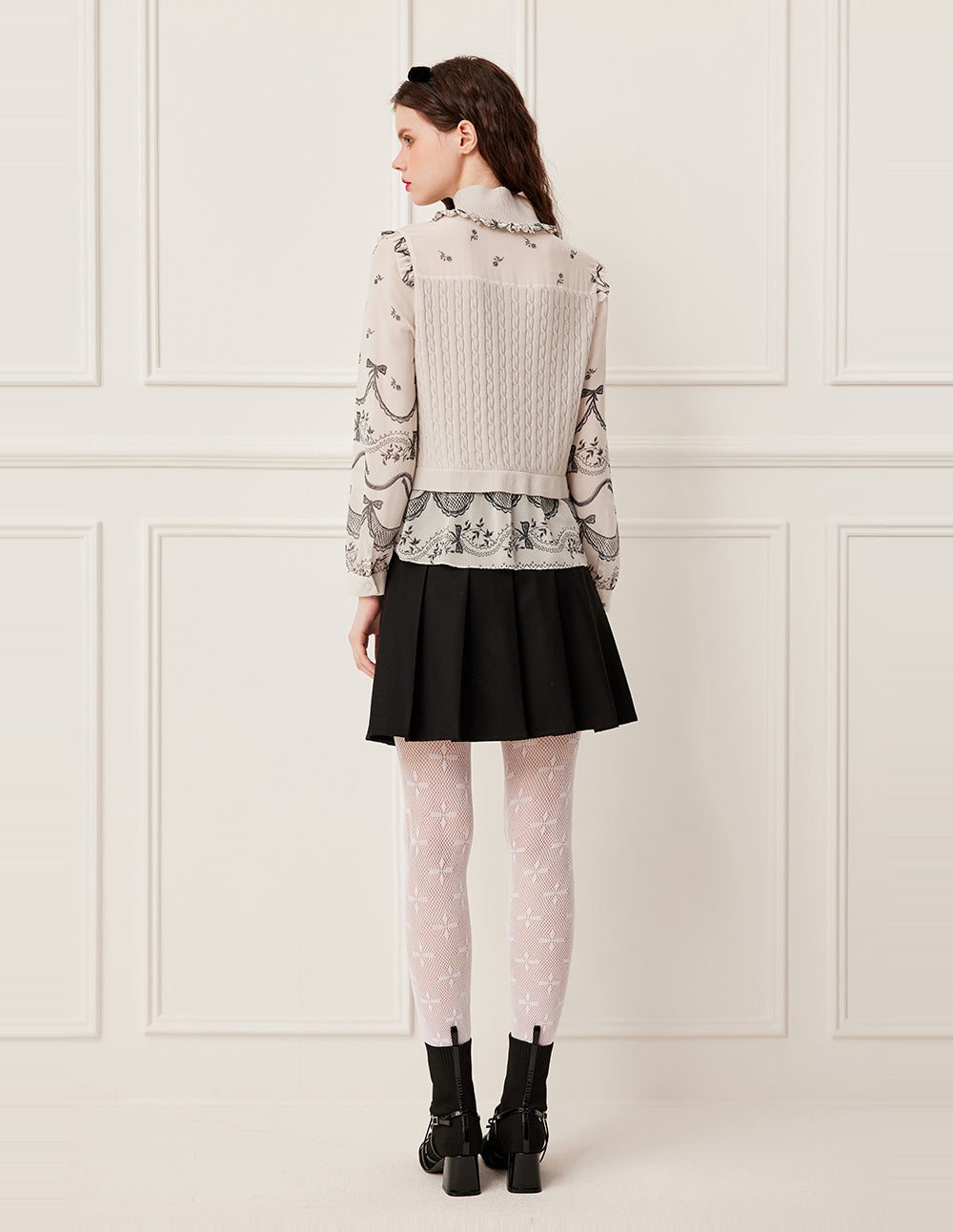 BORA AKSU Ribbed Mandarin Collar Patchwork Floral Print Knit Top