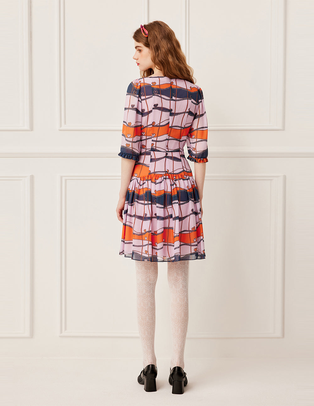 BORA AKSU Crew Neck Ruffle Print Pleated Midi Dress