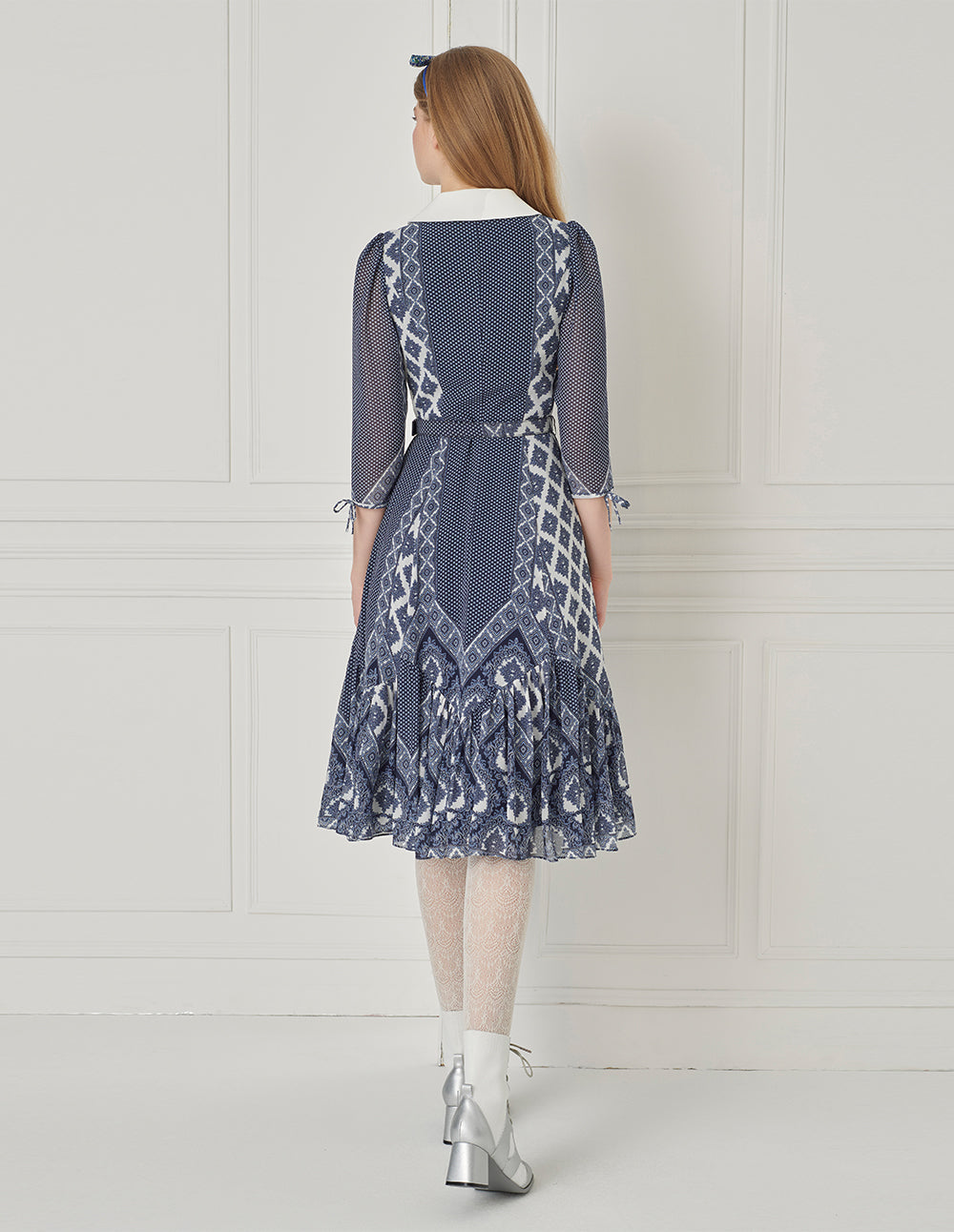 BORA AKSU French Retro Puff Sleeve Ruffle Print Dress