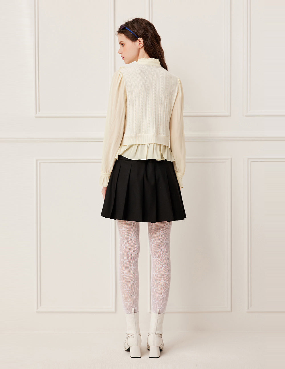 BORA AKSU Ruffled Mandarin Collar Pin-Tuck Wool Blend Knit Top