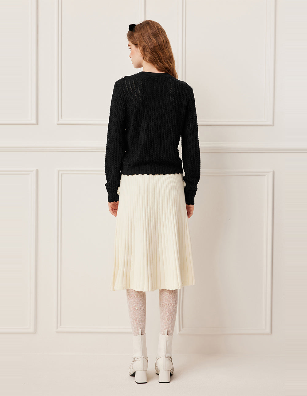 BORA AKSU Elastic Waistband Ruffle-Trim Vertical Textured Knit Midi Skirt