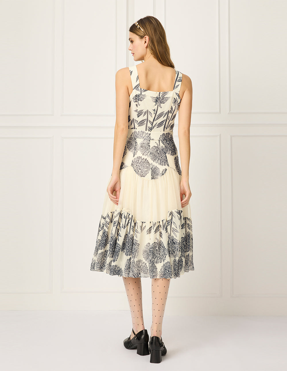 BORA AKSU Square Neck-Sleeveless Pin-Tuck Floral Print Flounce Midi Apron Dress