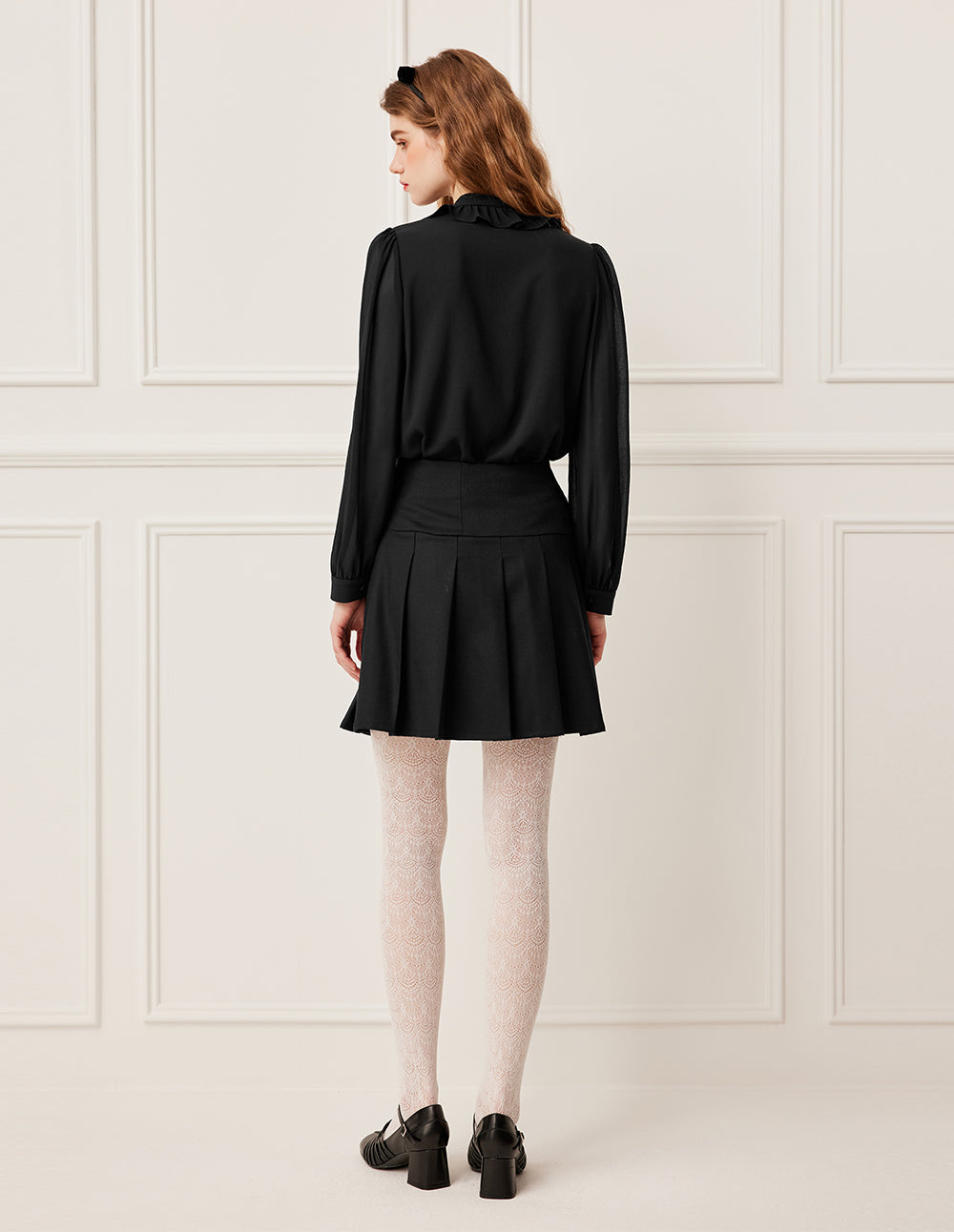 BORA AKSU Mandarin Collar Black Silk Blouse with Ruffle, Pleats And Tie Ribbon