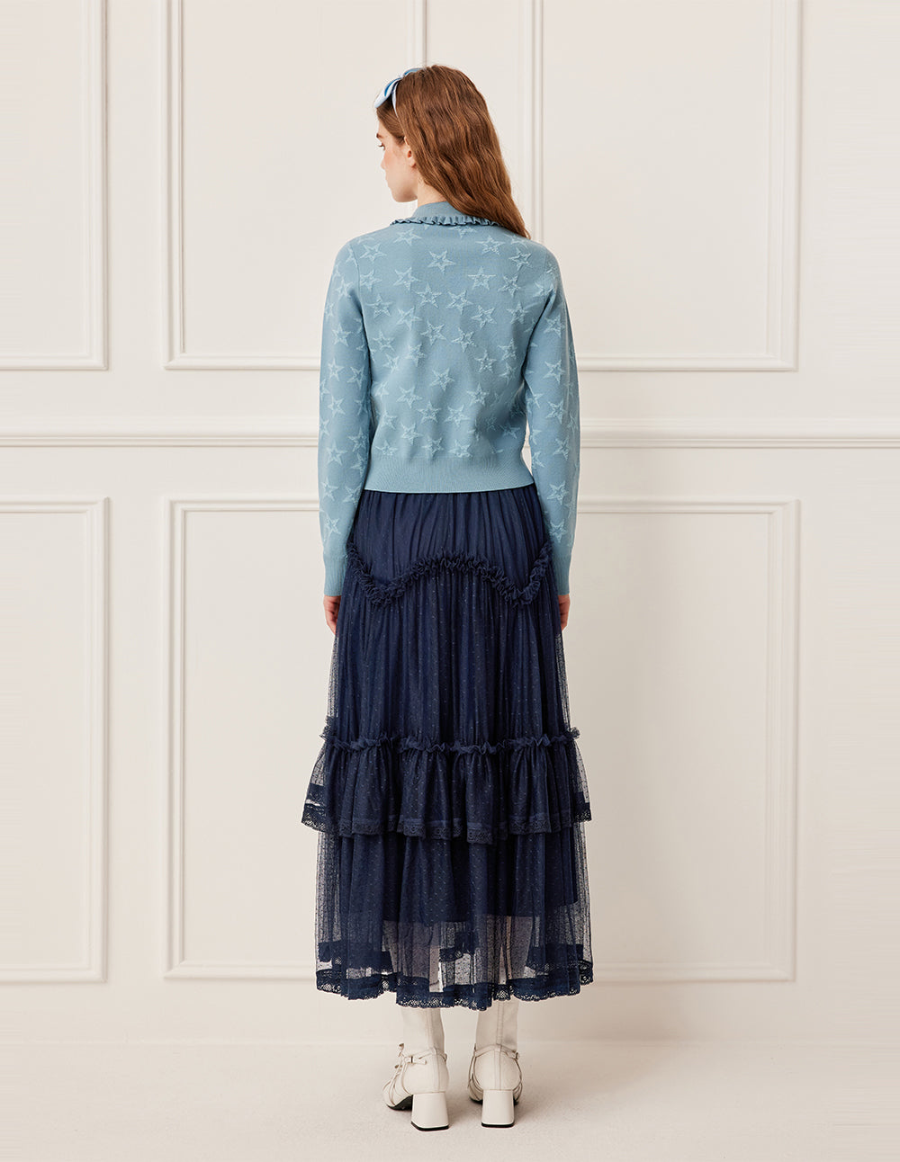 BORA AKSU Ruffled Peter Pan Collar Star Pattern Jacquard Long Sleeve Knit Cardigan