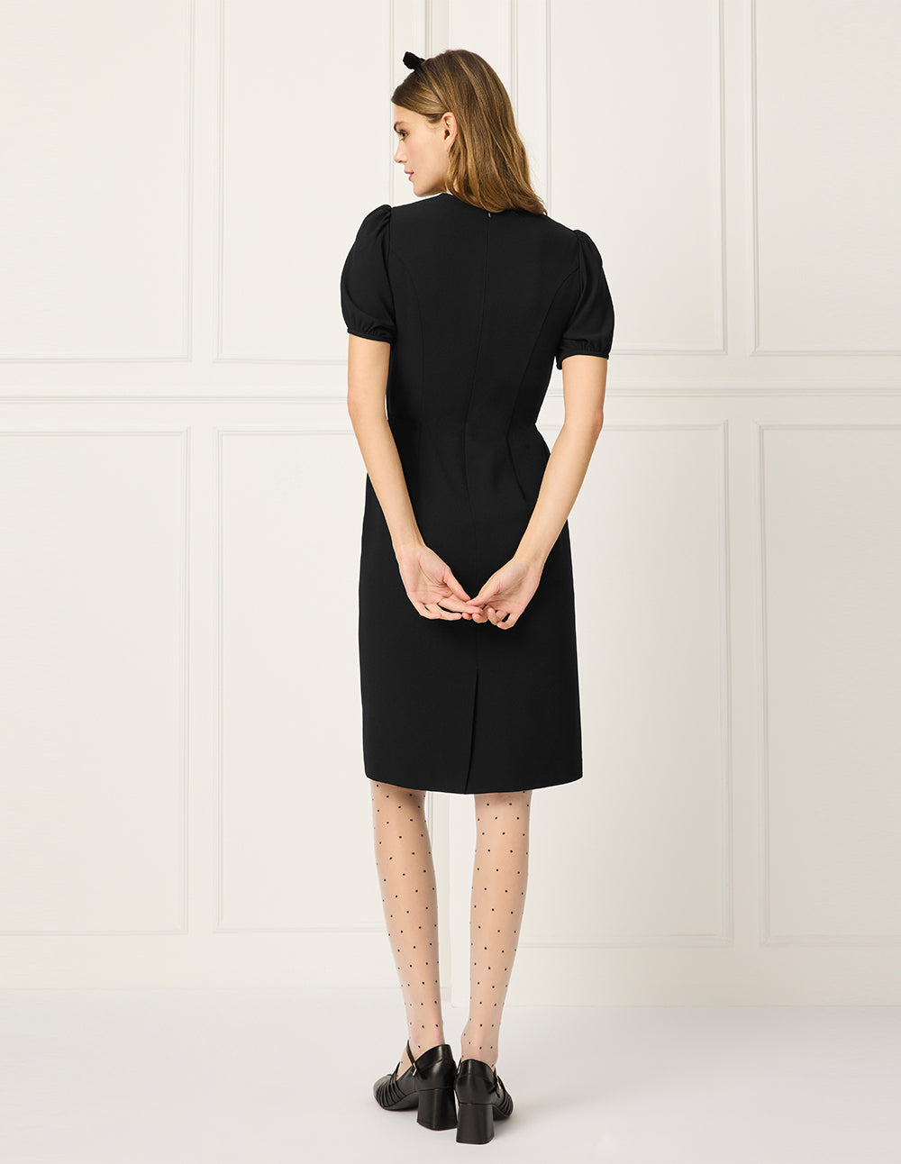 BORA AKSU Round-Neck Puff Short-Sleeve Pin-Tuck Lace-Trimmed Empire-Waist Pleated Midi Dress