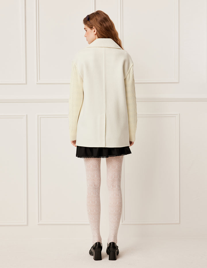 BORA AKSU Notch Lapel Double-Breasted Knit Sleeves Wool Blend Coat
