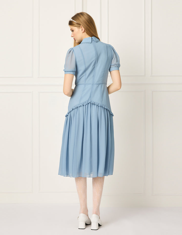 BORA AKSU Collared Puff Short Sleeve Ruffled-Trim Pleated Midi Dress
