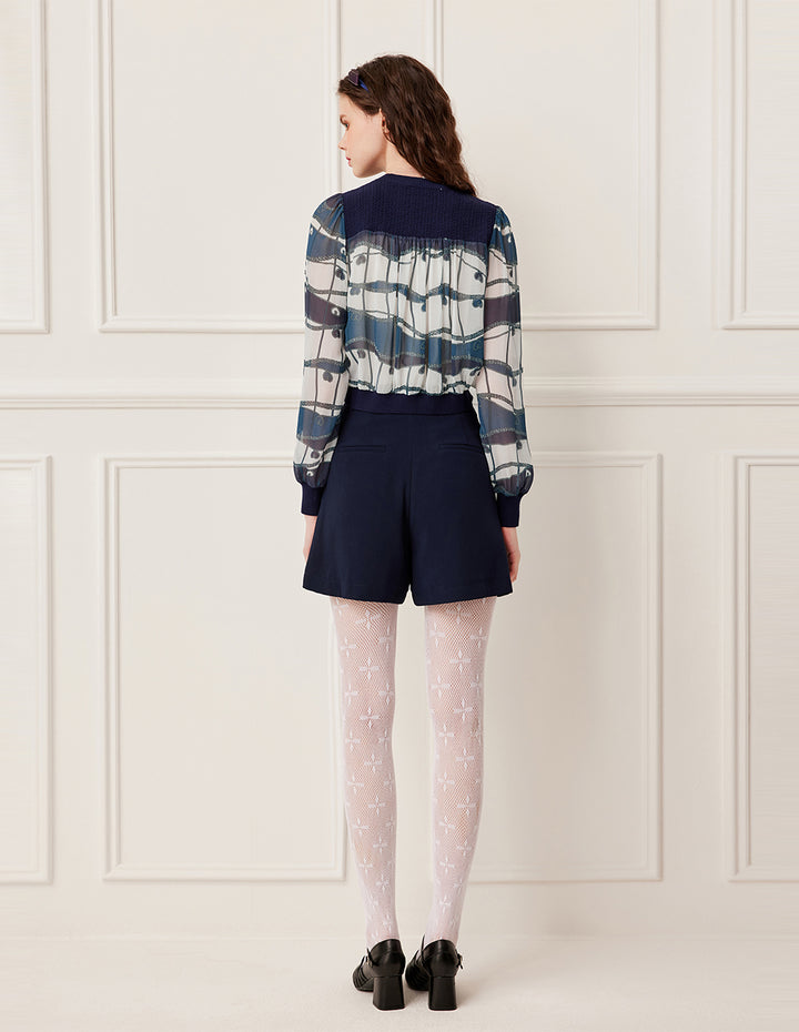 BORA AKSU Knitted Round Neck Patchwork Blue Ocean Print Long Sleeve Cropped Top