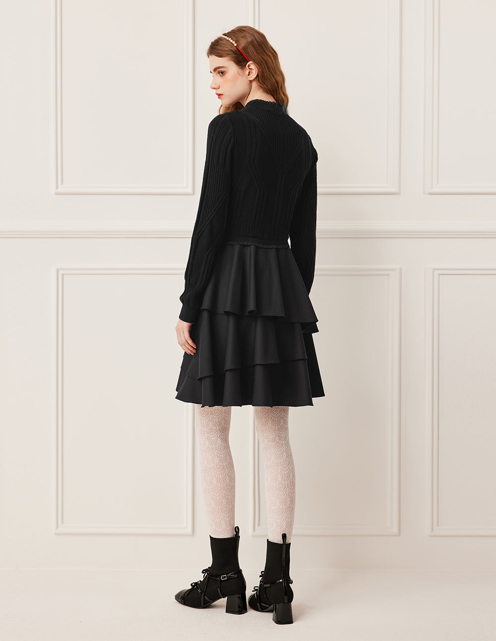 BORA AKSU Mock Neck Knit Top with Layered Ruffle Skirt Dress