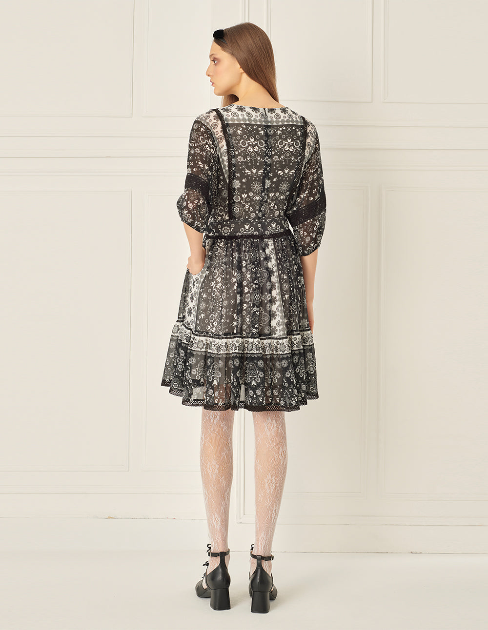 BORA AKSU Retro Square Neck Bat Sleeve Printed Dress