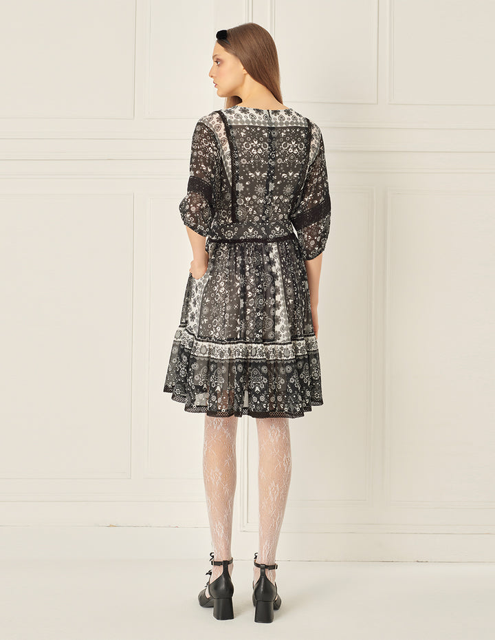 BORA AKSU Retro Square Neck Bat Sleeve Printed Dress