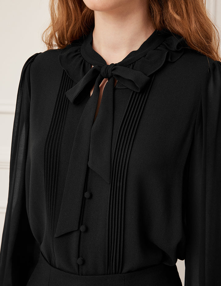 BORA AKSU Mandarin Collar Black Silk Blouse with Ruffle, Pleats And Tie Ribbon