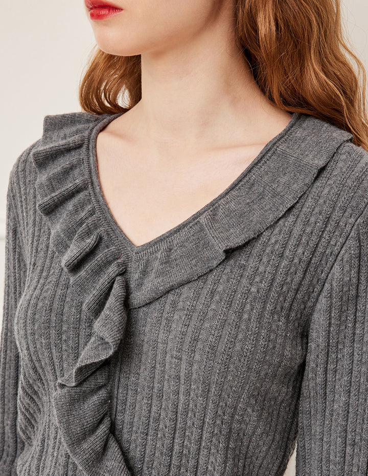 BORA AKSU V-Neck Ruffle Detail Knit Pullover Sweater