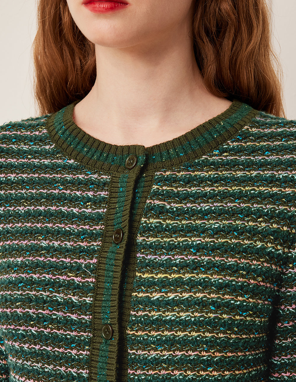 BORA AKSU Ribbed Round Neck Long Sleeve Blue-Green Variegated Stripe Loose Fit Knitted Cardigan