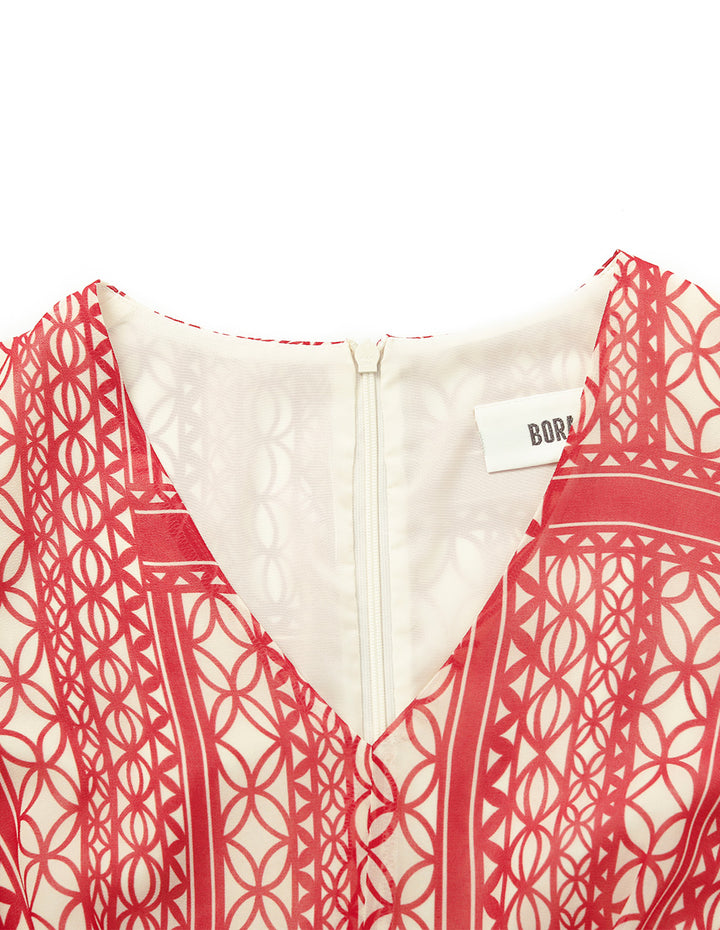 BORA AKSU V-Neck Puff Short Sleeve Geometric Print Pleated Midi Dress