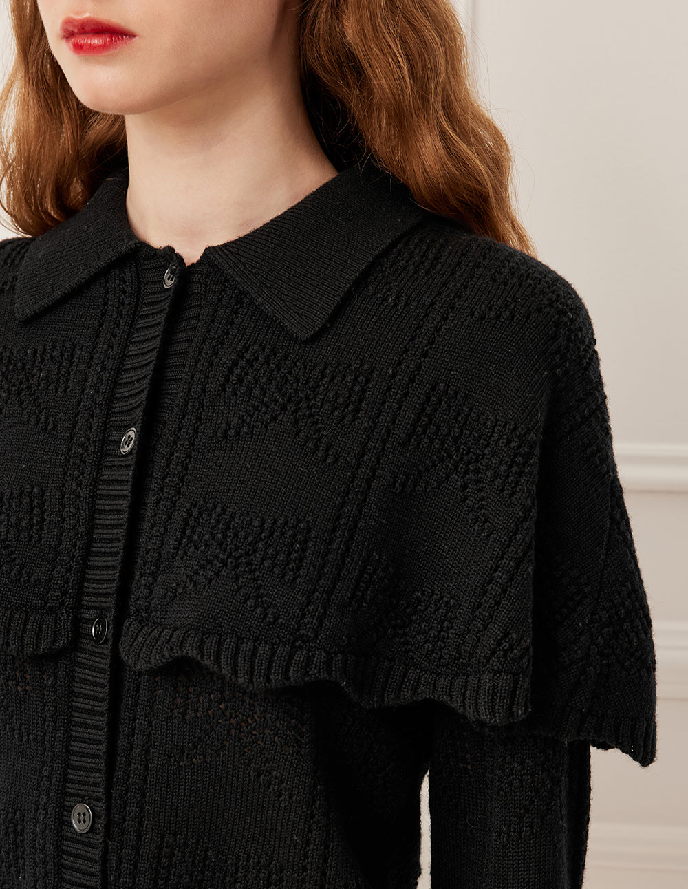 BORA AKSU Black Cape Patchwork Hollow Wool Double-Layer Knit Cardigan