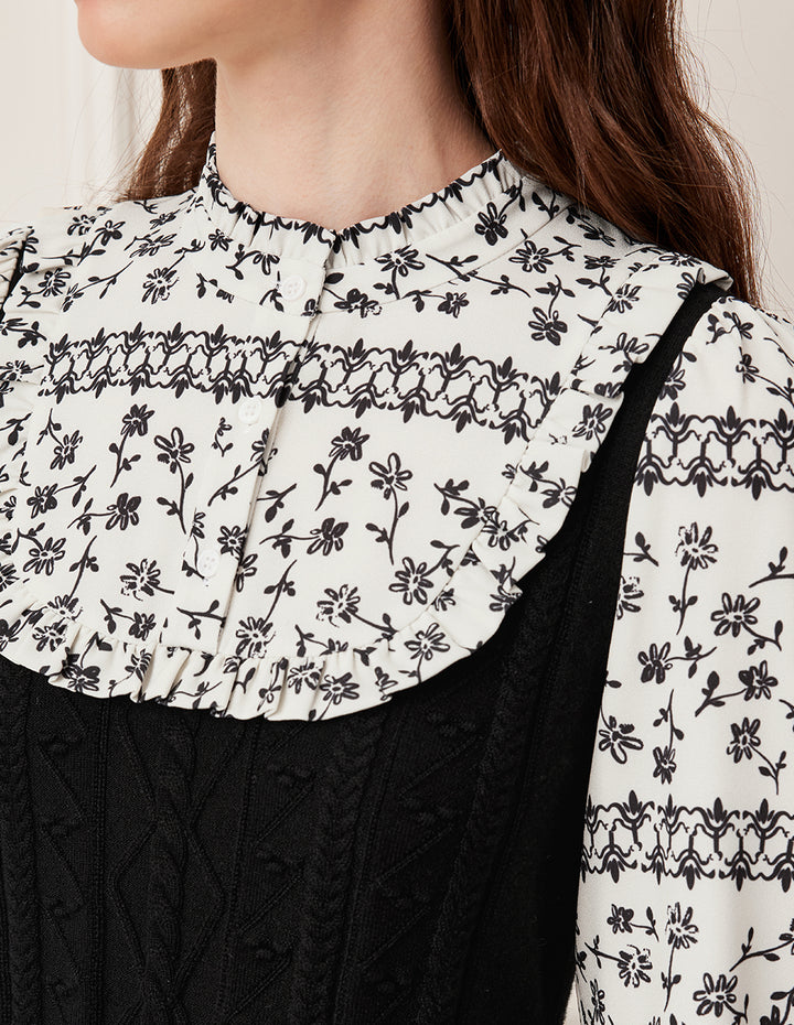 BORA AKSU Ruffled Turtleneck Long Sleeve Floral Patchwork Knit Top