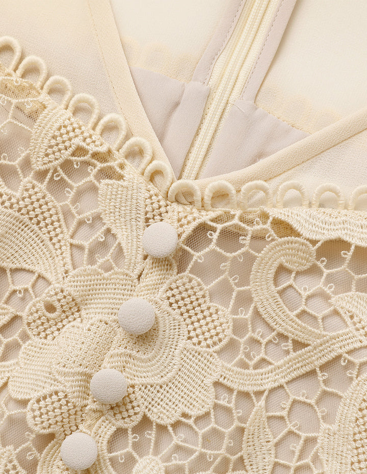 BORA AKSU Beige Lace Dress With Puff Sleeves And Scalloped Hem