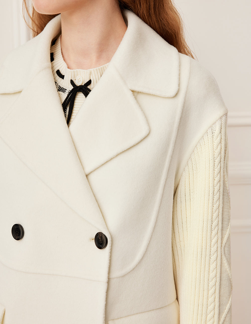 BORA AKSU Notch Lapel Double-Breasted Knit Sleeves Wool Blend Coat