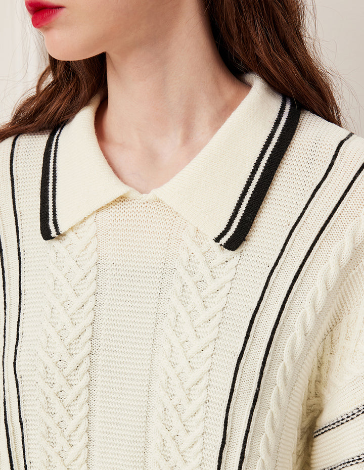 BORA AKSU Full Wool Cable Knit Lapel Long Sleeve Pullover
