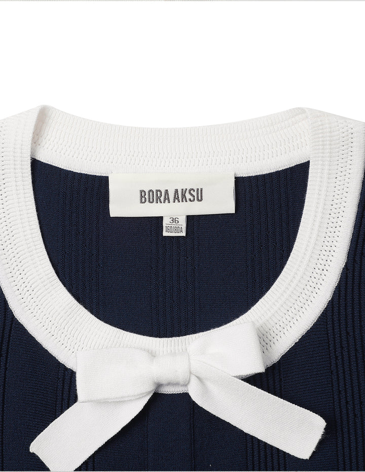 BORA AKSU French Blue And White Contrast Bow Round Neck Dress
