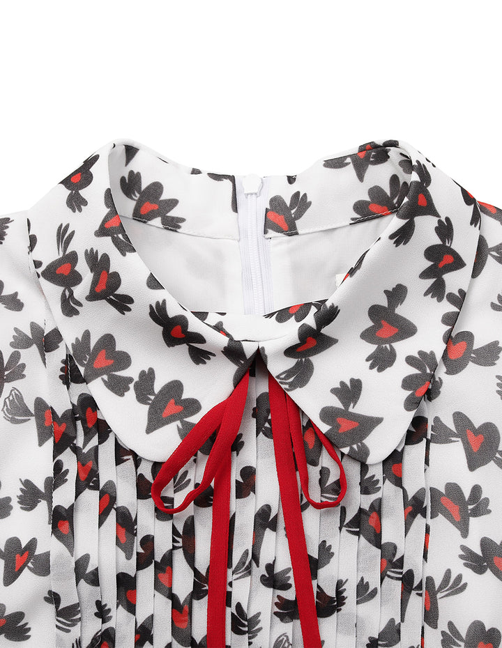 BORA AKSU Lapel Long-Sleeve Pin Tuck Heart Printed Pleated Midi Shirt Dress