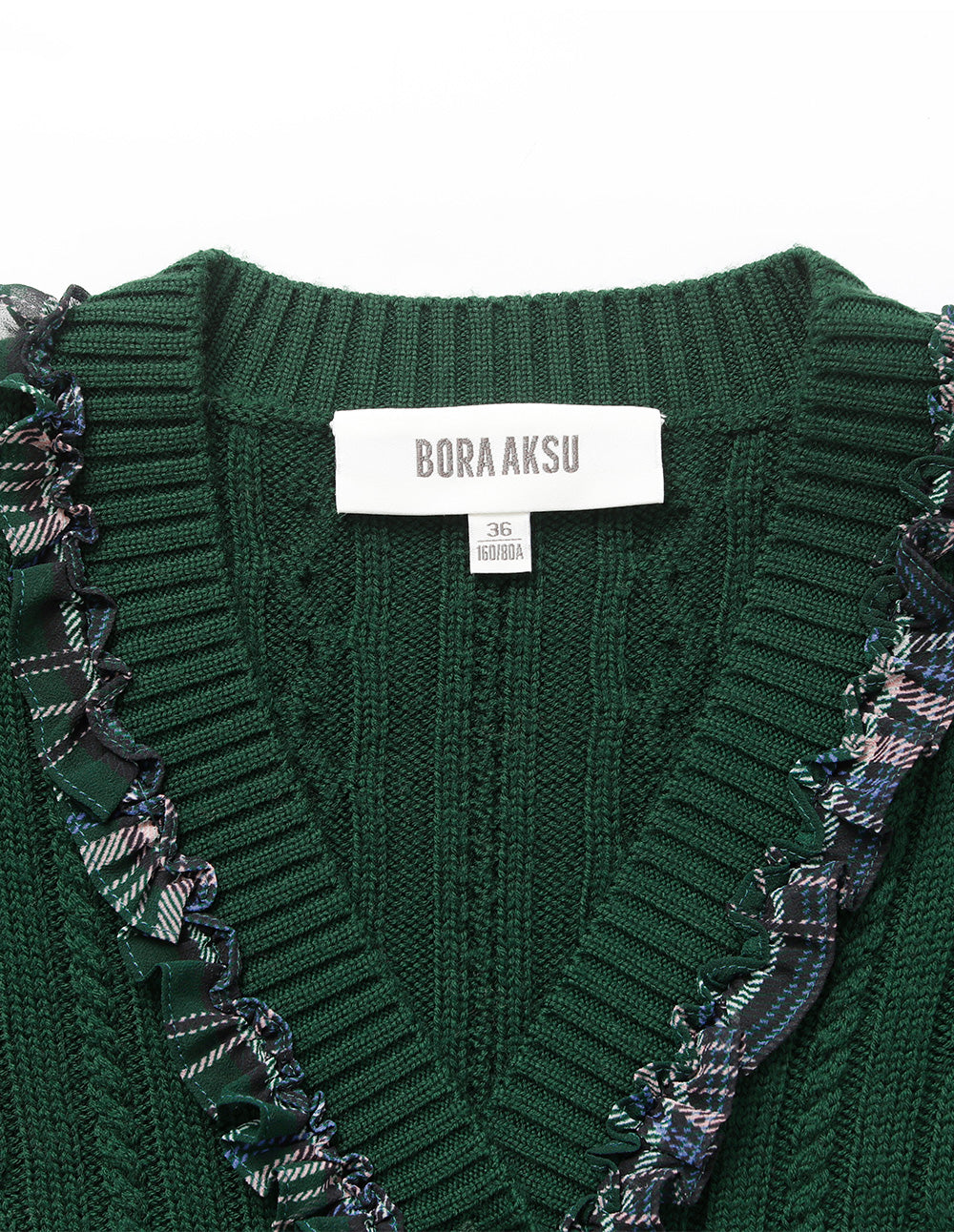 BORA AKSU Checkered Ruffle Decorative V-Neck Knit Cardigan