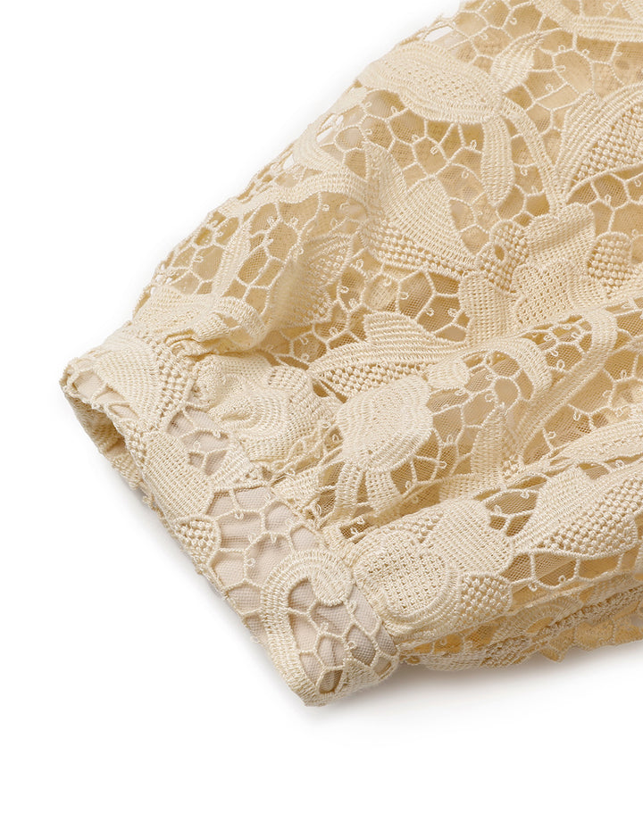 BORA AKSU Beige Fitted Lace Dress With Diamond Square Neck Puff Sleeves