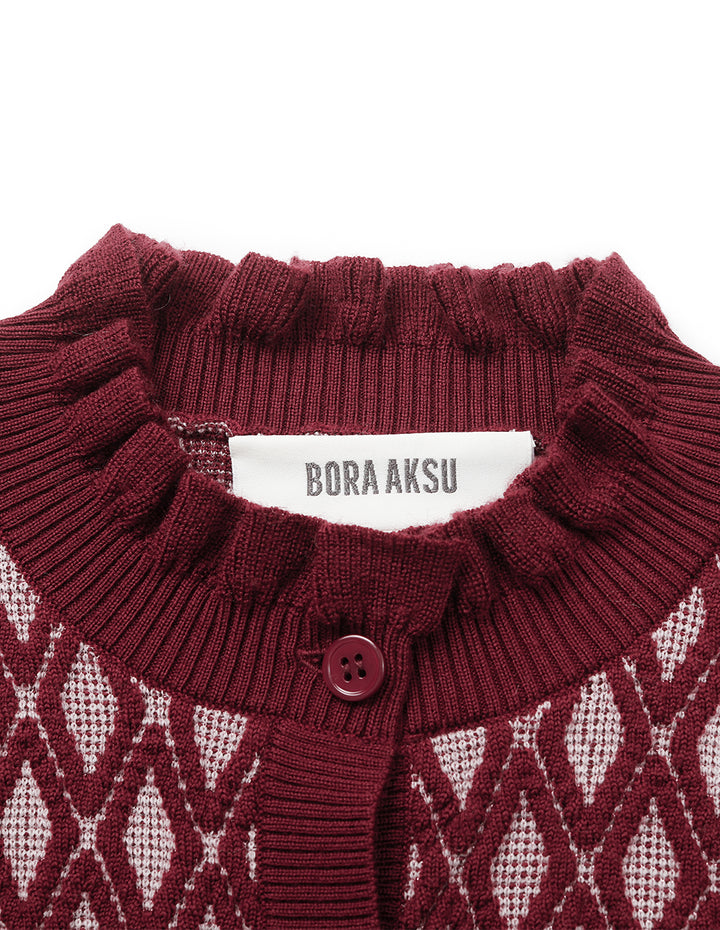 BORA AKSU Ruffled Turtleneck Diamond Pattern Wool Knit Cardigan