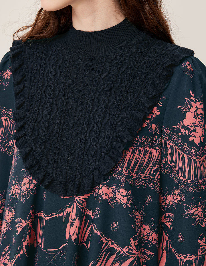 BORA AKSU Semi-High Neck Wool Knit Patchwork Print Top