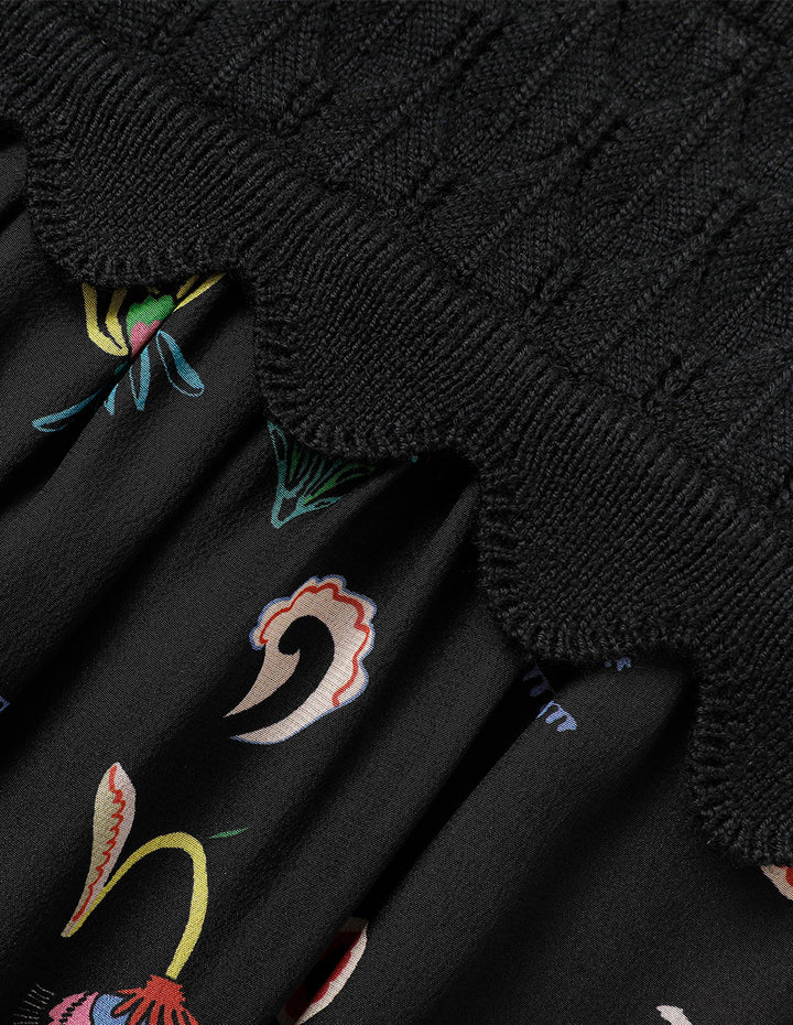 BORA AKSU Crew Neck Silk Patchwork Printed Wool Knitted Sweater